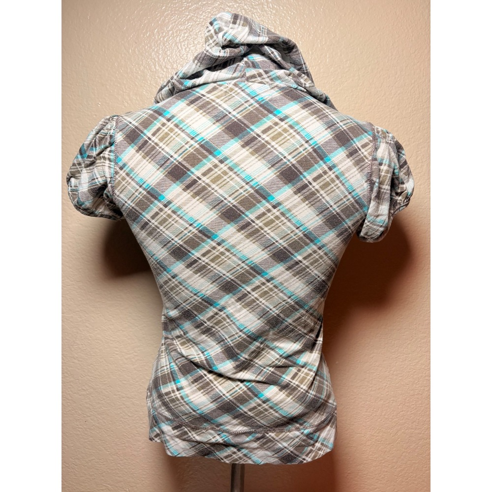 ❌❌❌SOLD❌❌❌Y2K Chances R Plaid Short Sleeve Zip Up Hoodie Puff Sleeve Small #7 - Picture 3 of 5